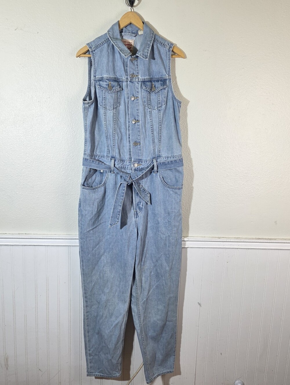 Levis Premium Denim Jumpsuit Womens Large Blue Sleeveless Utility Jean Artisan